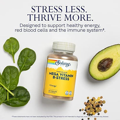 SOLARAY Mega Vitamin B-Stress – Zeitfreisetzender Vitamin-B-Komplex mit 1000 mg Vitamin C für Stressabbau, Energie, rote Blutkörperchen & Immununterstützung, 60-Tage-Garantie, vegan, 40 Portionen, 120 VegCaps