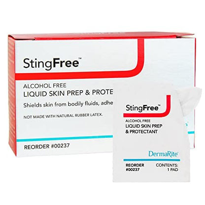 DermaRite StingFree Flüssige Hautvorbereitung & Schutz – Alkoholfreie Tücher, Schutz vor Körperflüssigkeiten, Klebstoffen und Reibung – einzeln verpackt, 50 Tücher, 1 Packung