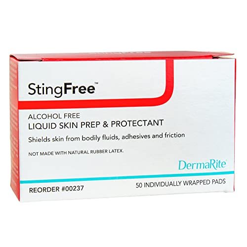 DermaRite StingFree Flüssige Hautvorbereitung & Schutz – Alkoholfreie Tücher, Schutz vor Körperflüssigkeiten, Klebstoffen und Reibung – einzeln verpackt, 50 Tücher, 1 Packung