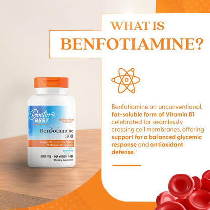 Doctor's Best Benfotiamin 300 mit BenfoPure – Unterstützt einen gesunden Glukosestoffwechsel, Non-GMO, vegan, glutenfrei, sojafrei, 300 mg, 60 vegane Kapseln