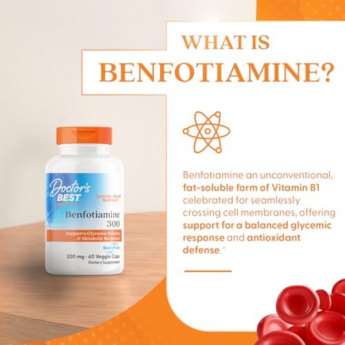 Doctor's Best Benfotiamin 300 mit BenfoPure – Unterstützt einen gesunden Glukosestoffwechsel, Non-GMO, vegan, glutenfrei, sojafrei, 300 mg, 60 vegane Kapseln