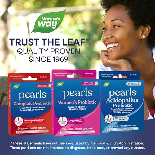Nature's Way Probiotic Pearls für Frauen – Unterstützt Vaginal- und Verdauungsgesundheit*, 1 Milliarde lebende Kulturen, schützt vor gelegentlichen Blähungen und Verstopfung*, leicht zu schluckende Softgels, 30 Stück