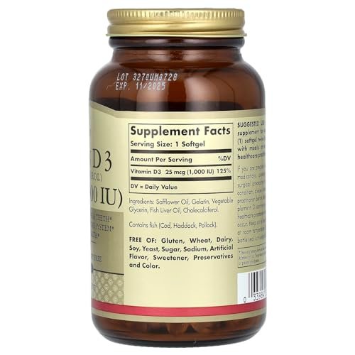 Solgar Vitamin D3 (Cholecalciferol) 25 MCG (1000 IE), 250 Weichkapseln – Unterstützt gesunde Knochen & Zähne – Immunsystem-Unterstützung – Nicht-GVO, glutenfrei, laktosefrei – 250 Portionen