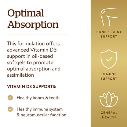 Solgar Vitamin D3 (Cholecalciferol) 25 MCG (1000 IE), 250 Weichkapseln – Unterstützt gesunde Knochen & Zähne – Immunsystem-Unterstützung – Nicht-GVO, glutenfrei, laktosefrei – 250 Portionen