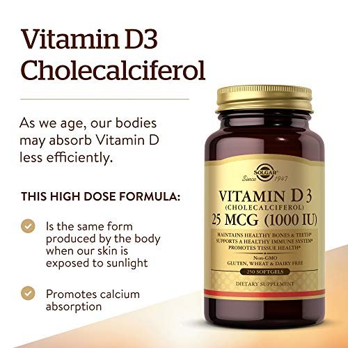 Solgar Vitamin D3 (Cholecalciferol) 25 MCG (1000 IE), 250 Weichkapseln – Unterstützt gesunde Knochen & Zähne – Immunsystem-Unterstützung – Nicht-GVO, glutenfrei, laktosefrei – 250 Portionen