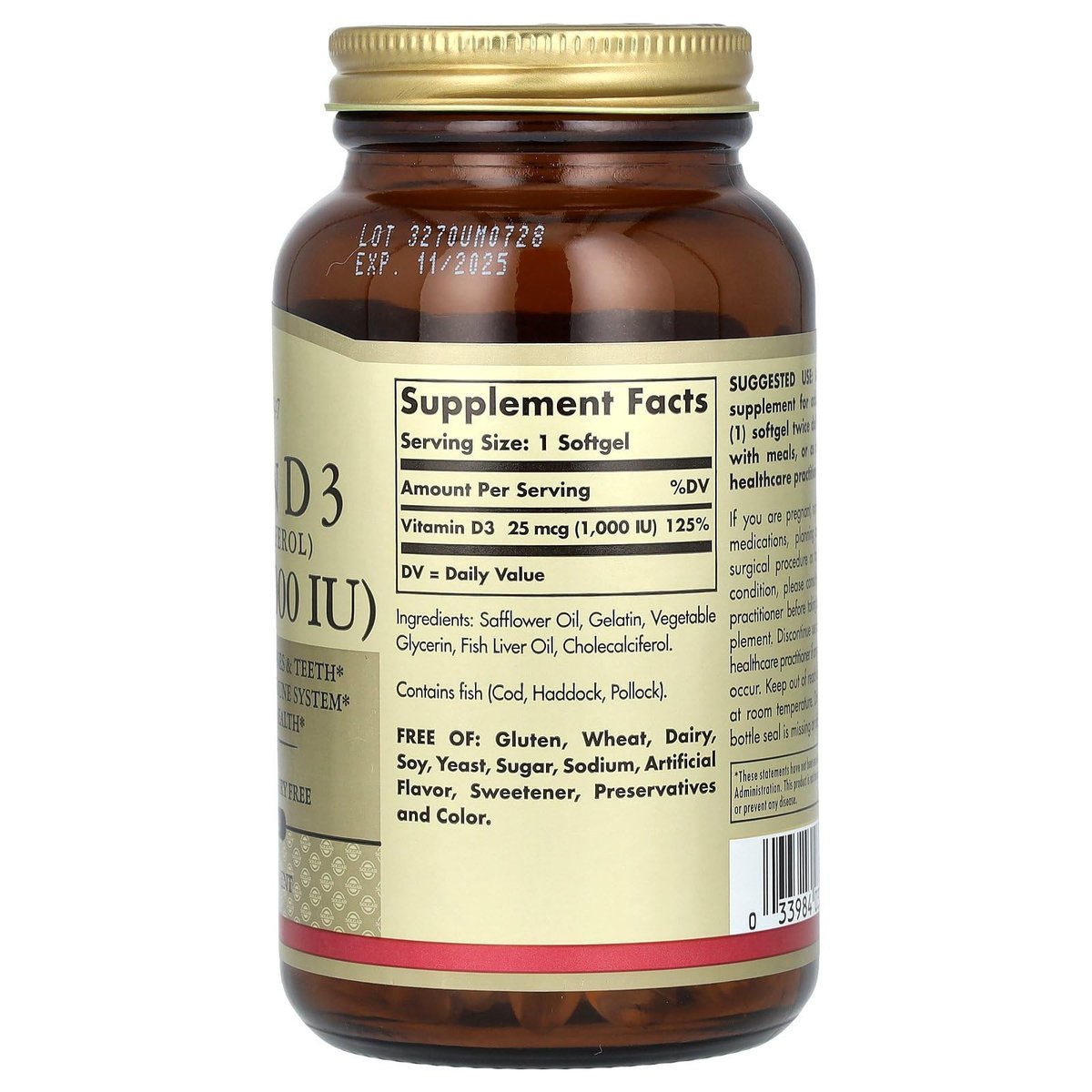 Solgar Vitamin D3 (Cholecalciferol) 25 MCG (1000 IE), 250 Weichkapseln – Unterstützt gesunde Knochen & Zähne – Immunsystem-Unterstützung – Nicht-GVO, glutenfrei, laktosefrei – 250 Portionen
