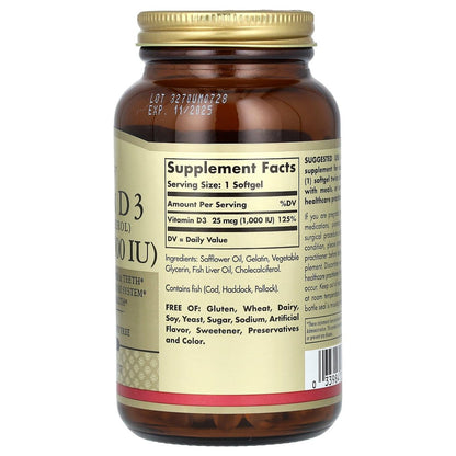 Solgar Vitamin D3 (Cholecalciferol) 25 MCG (1000 IE), 250 Weichkapseln – Unterstützt gesunde Knochen & Zähne – Immunsystem-Unterstützung – Nicht-GVO, glutenfrei, laktosefrei – 250 Portionen