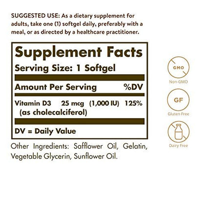 Solgar Vitamin D3 (Cholecalciferol) 25 MCG (1000 IE), 250 Weichkapseln – Unterstützt gesunde Knochen & Zähne – Immunsystem-Unterstützung – Nicht-GVO, glutenfrei, laktosefrei – 250 Portionen
