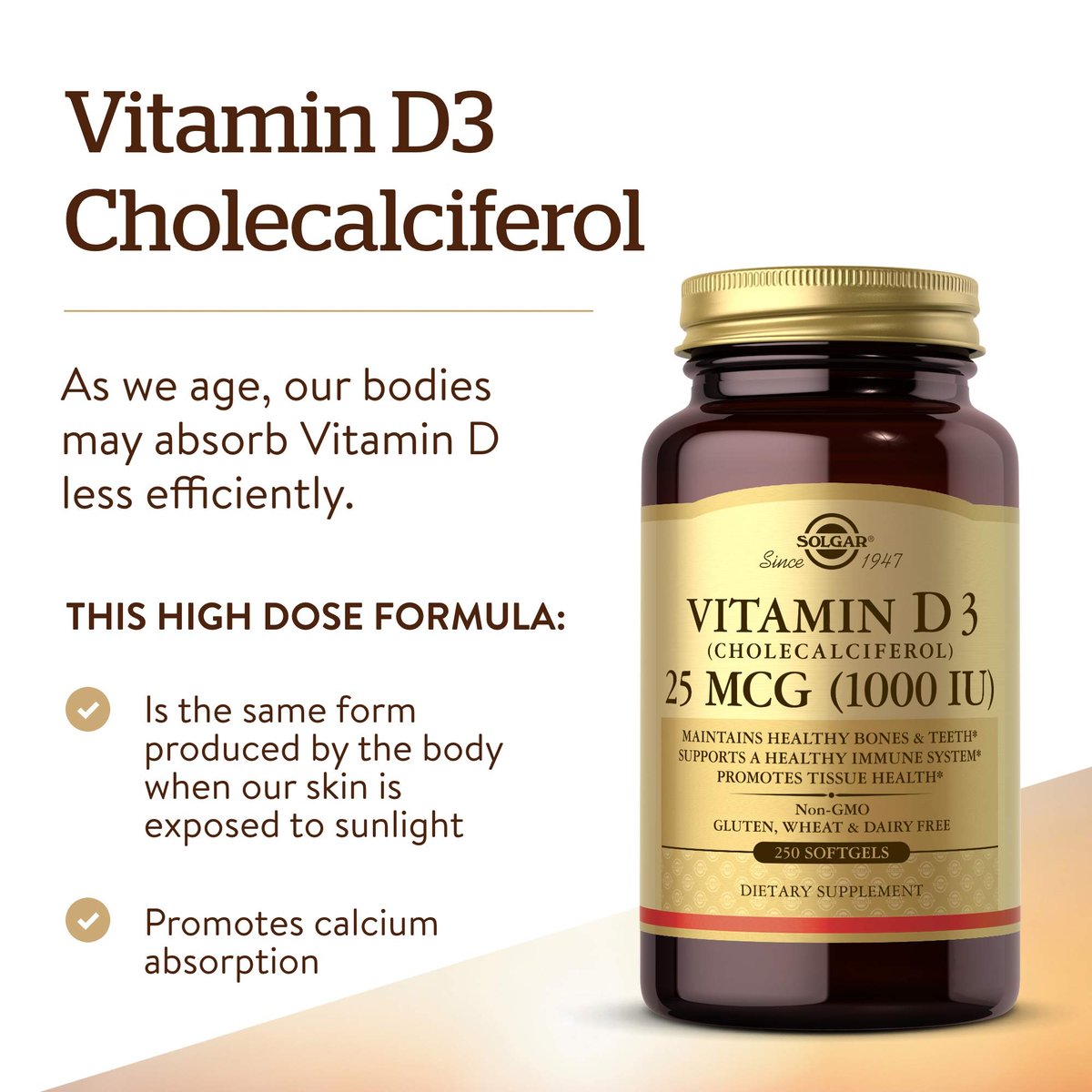 Solgar Vitamin D3 (Cholecalciferol) 25 MCG (1000 IE), 250 Weichkapseln – Unterstützt gesunde Knochen & Zähne – Immunsystem-Unterstützung – Nicht-GVO, glutenfrei, laktosefrei – 250 Portionen