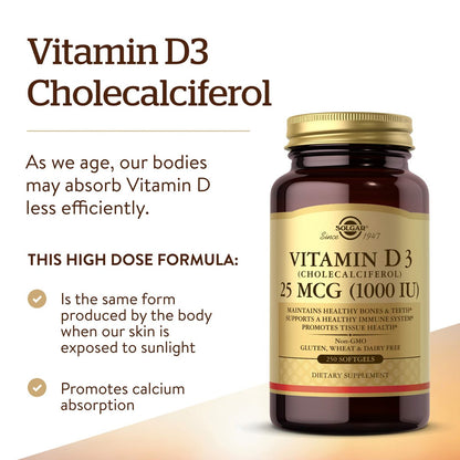 Solgar Vitamin D3 (Cholecalciferol) 25 MCG (1000 IE), 250 Weichkapseln – Unterstützt gesunde Knochen & Zähne – Immunsystem-Unterstützung – Nicht-GVO, glutenfrei, laktosefrei – 250 Portionen