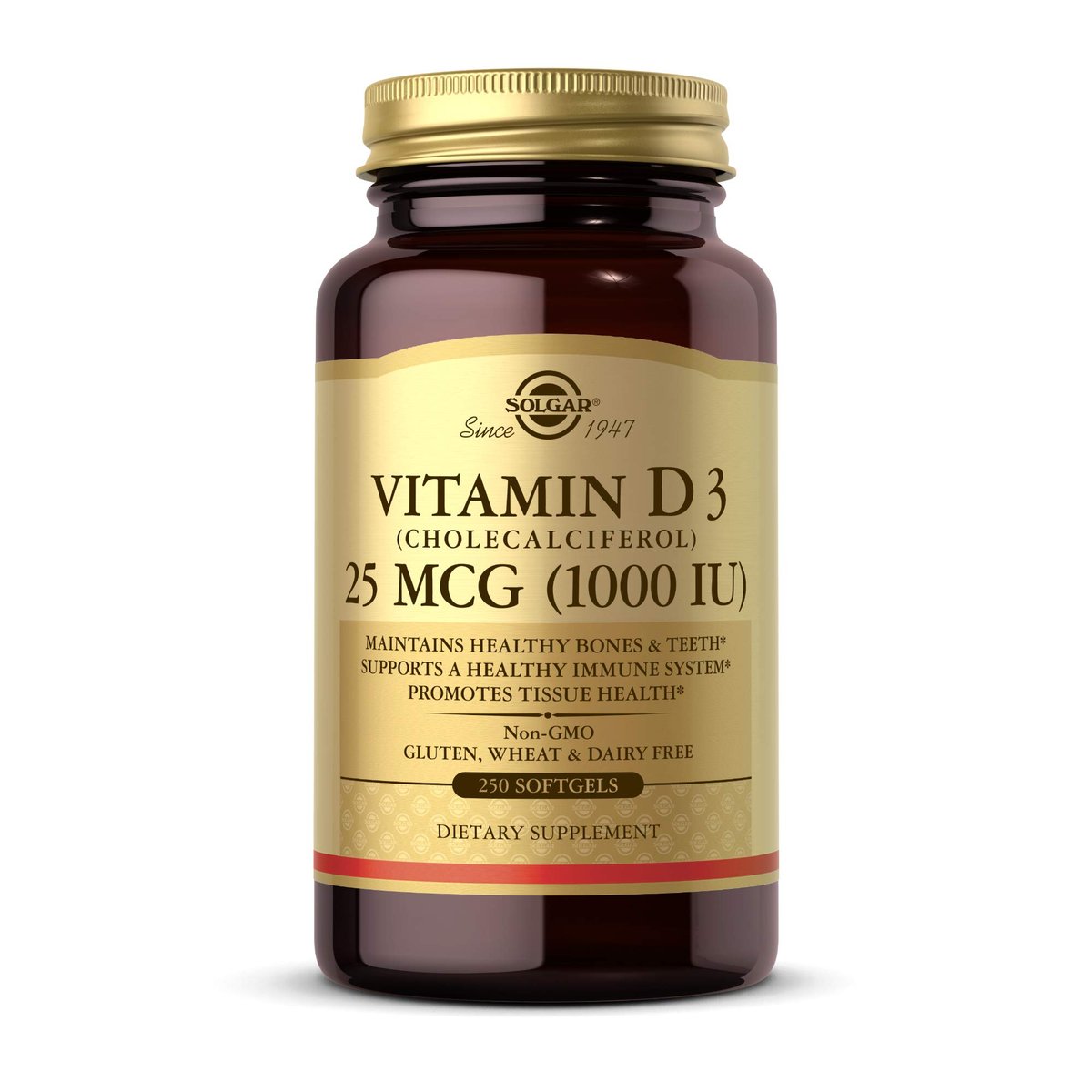 Solgar Vitamin D3 (Cholecalciferol) 25 MCG (1000 IE), 250 Weichkapseln – Unterstützt gesunde Knochen & Zähne – Immunsystem-Unterstützung – Nicht-GVO, glutenfrei, laktosefrei – 250 Portionen