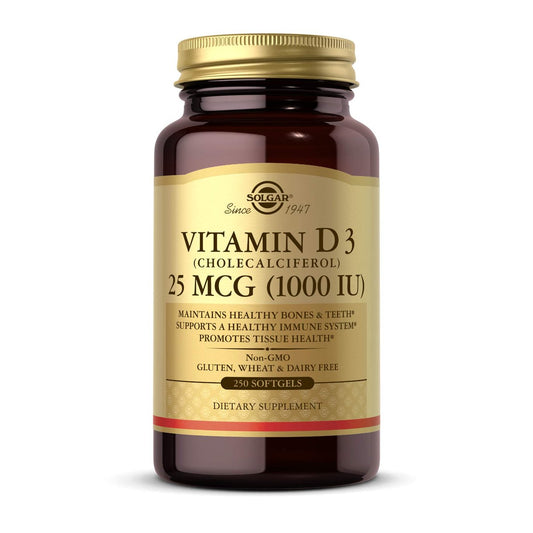 Solgar Vitamin D3 (Cholecalciferol) 25 MCG (1000 IE), 250 Weichkapseln – Unterstützt gesunde Knochen & Zähne – Immunsystem-Unterstützung – Nicht-GVO, glutenfrei, laktosefrei – 250 Portionen