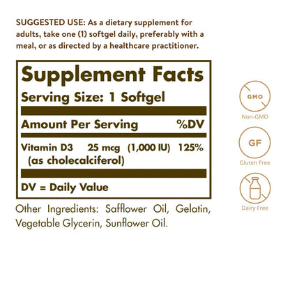 Solgar Vitamin D3 (Cholecalciferol) 25 MCG (1000 IE), 250 Weichkapseln – Unterstützt gesunde Knochen & Zähne – Immunsystem-Unterstützung – Nicht-GVO, glutenfrei, laktosefrei – 250 Portionen