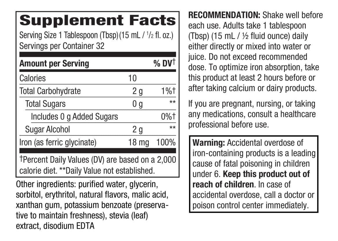Nature’s Way Flüssiges Eisenpräparat, 18 mg pro Portion, Sanftes Eisenbisglycinat, Schnell absorbierendes flüssiges Eisen zur Unterstützung roter Blutkörperchen und des Energiestoffwechsels*, Ohne Zuckerzusatz, Beerengeschmack, 473 ml