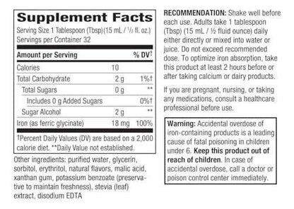 Nature’s Way Flüssiges Eisenpräparat, 18 mg pro Portion, Sanftes Eisenbisglycinat, Schnell absorbierendes flüssiges Eisen zur Unterstützung roter Blutkörperchen und des Energiestoffwechsels*, Ohne Zuckerzusatz, Beerengeschmack, 473 ml