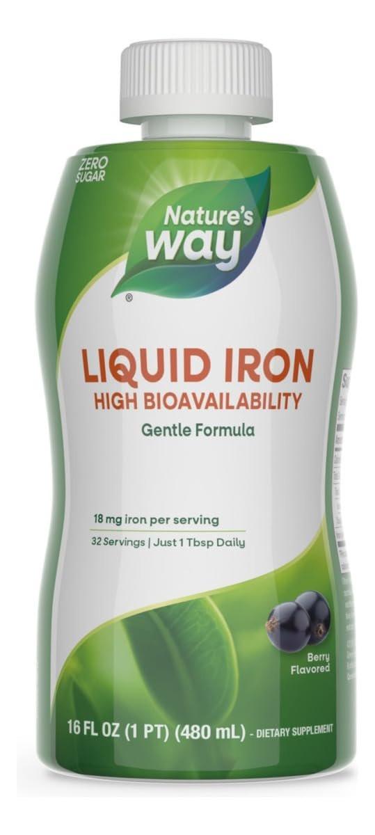 Nature’s Way Flüssiges Eisenpräparat, 18 mg pro Portion, Sanftes Eisenbisglycinat, Schnell absorbierendes flüssiges Eisen zur Unterstützung roter Blutkörperchen und des Energiestoffwechsels*, Ohne Zuckerzusatz, Beerengeschmack, 473 ml