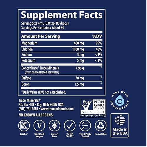 Trace Minerals Flüssiges Ionisches Magnesium 400 mg, 118 ml – Hochdosiertes Magnesiumpräparat für schnelle Aufnahme