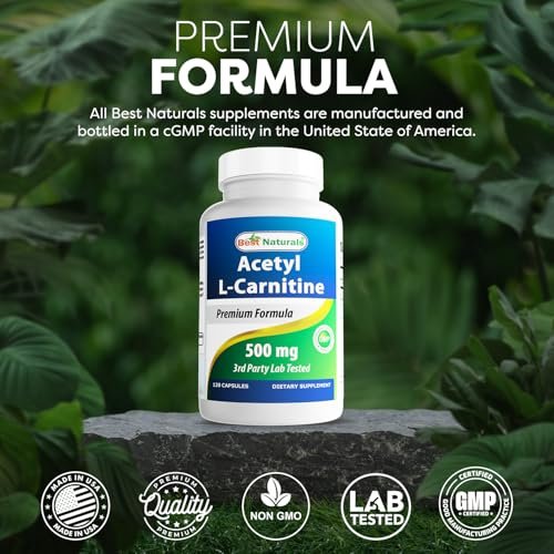 Best Naturals Acetyl-L-Carnitin (ALCAR) 500mg, 120 Kapseln, 120 Portionen – Non-GMO und Glutenfrei, 1 Kapsel pro Portion
