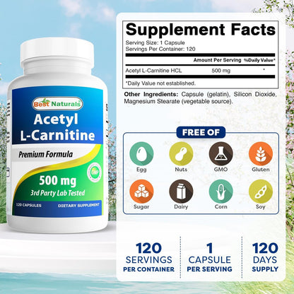 Best Naturals Acetyl-L-Carnitin (ALCAR) 500mg, 120 Kapseln, 120 Portionen – Non-GMO und Glutenfrei, 1 Kapsel pro Portion
