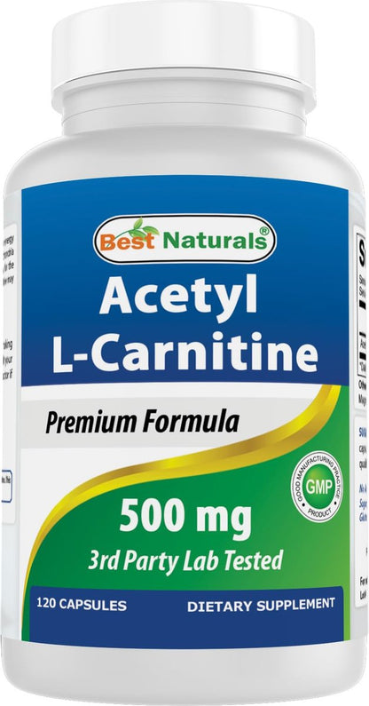 Best Naturals Acetyl-L-Carnitin (ALCAR) 500mg, 120 Kapseln, 120 Portionen – Non-GMO und Glutenfrei, 1 Kapsel pro Portion