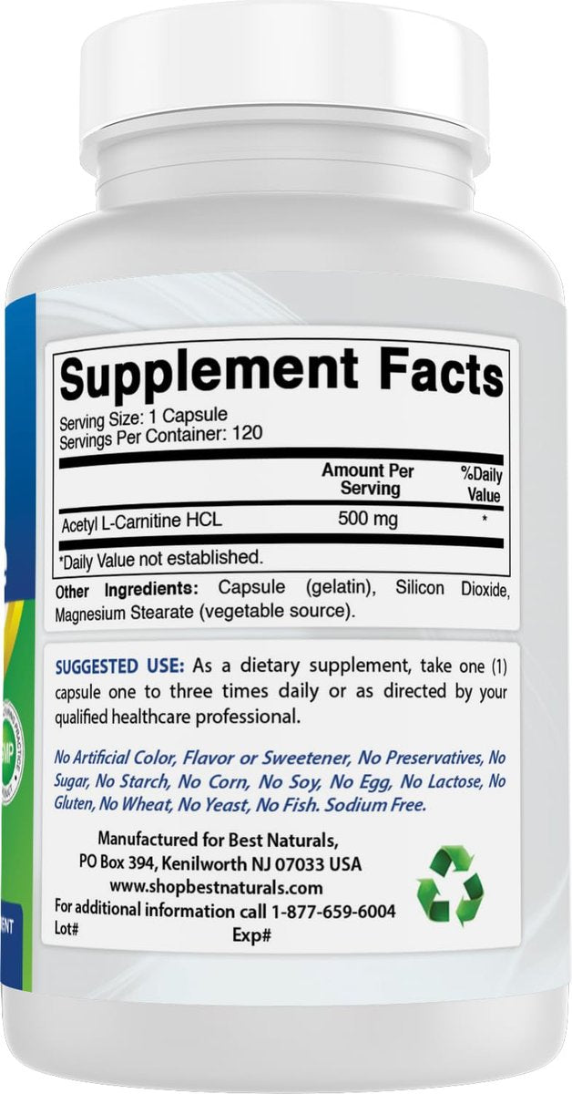 Best Naturals Acetyl-L-Carnitin (ALCAR) 500mg, 120 Kapseln, 120 Portionen – Non-GMO und Glutenfrei, 1 Kapsel pro Portion