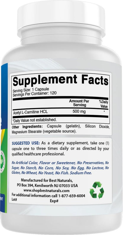 Best Naturals Acetyl-L-Carnitin (ALCAR) 500mg, 120 Kapseln, 120 Portionen – Non-GMO und Glutenfrei, 1 Kapsel pro Portion