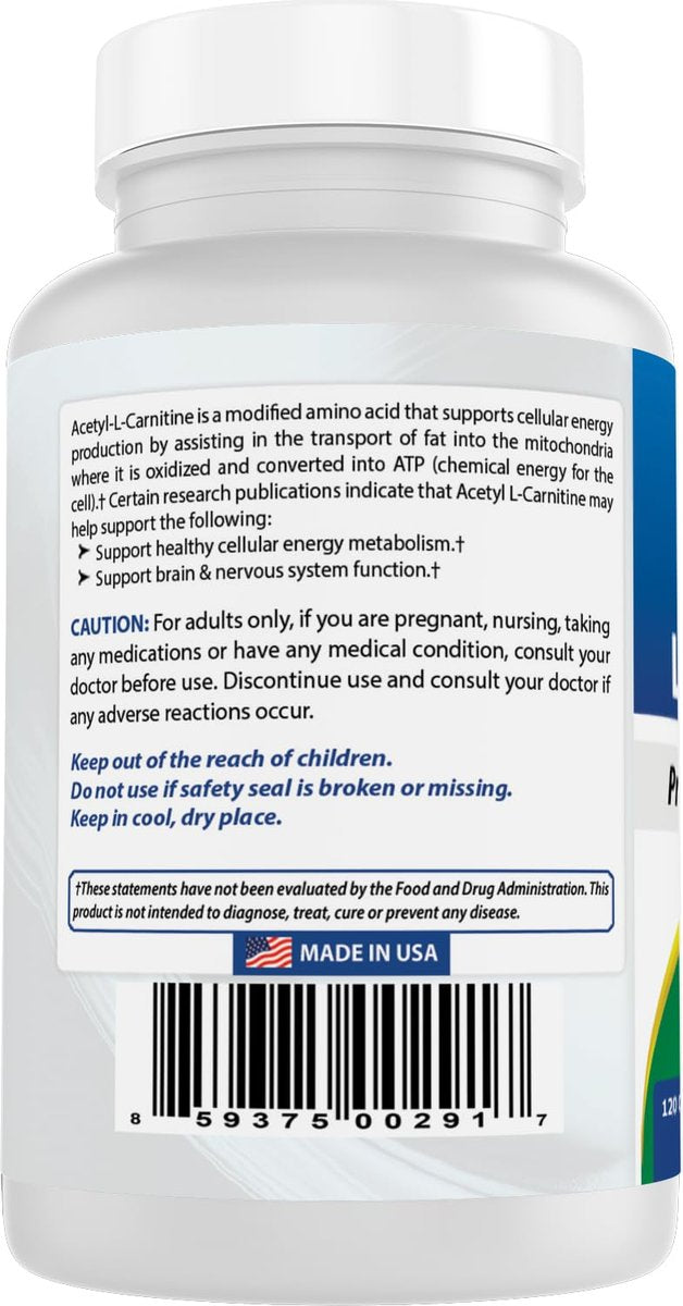 Best Naturals Acetyl-L-Carnitin (ALCAR) 500mg, 120 Kapseln, 120 Portionen – Non-GMO und Glutenfrei, 1 Kapsel pro Portion