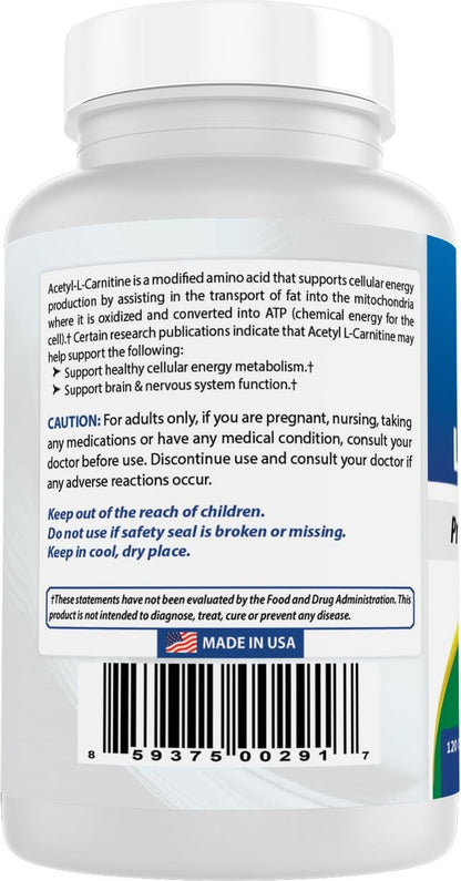 Best Naturals Acetyl-L-Carnitin (ALCAR) 500mg, 120 Kapseln, 120 Portionen – Non-GMO und Glutenfrei, 1 Kapsel pro Portion