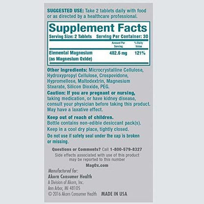 Mag-Ox 400 Magnesiumpräparat, pharmazeutisches Magnesiumoxid mit 482 mg pro Dosis, 60 Tabletten