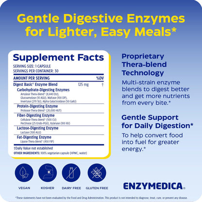 Enzymedica Digest Basic – Verdauungsenzyme für Frauen & Männer, Kapseln für sensible Mägen, vegan – 30 Kapseln
