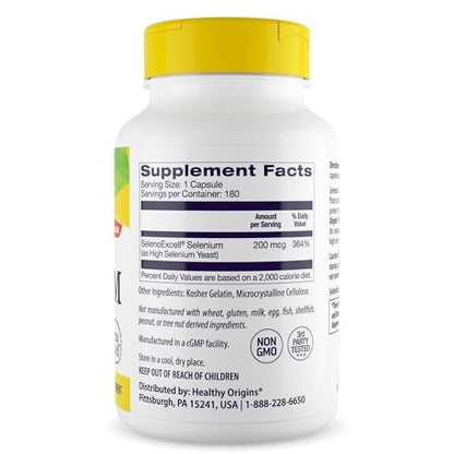 Healthy Origins Selen 200 mcg, 180 Kapseln – SelenoExcell, hoch bioverfügbares, fermentiertes Selen – Unterstützt Immunsystem, Schilddrüsenfunktion und Zellgesundheit