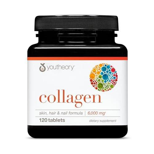 Youtheory Advanced Collagen mit Vitamin C – 6.000 mg Hydrolysierte Kollagenpeptide & Aminosäuren – Unterstützung für Haare, Nägel, Gelenke & Knochen – 120 Tabletten (20-Tage-Vorrat)