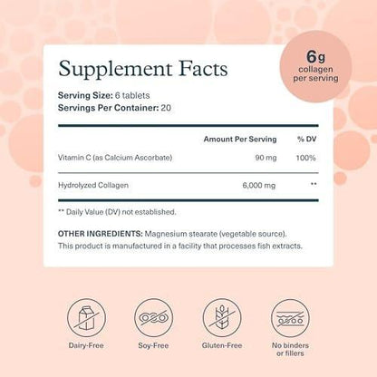 Youtheory Advanced Collagen mit Vitamin C – 6.000 mg Hydrolysierte Kollagenpeptide & Aminosäuren – Unterstützung für Haare, Nägel, Gelenke & Knochen – 120 Tabletten (20-Tage-Vorrat)