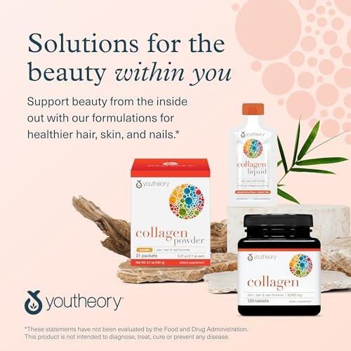 Youtheory Advanced Collagen mit Vitamin C – 6.000 mg Hydrolysierte Kollagenpeptide & Aminosäuren – Unterstützung für Haare, Nägel, Gelenke & Knochen – 120 Tabletten (20-Tage-Vorrat)