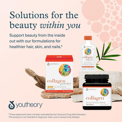 Youtheory Advanced Collagen mit Vitamin C – 6.000 mg Hydrolysierte Kollagenpeptide & Aminosäuren – Unterstützung für Haare, Nägel, Gelenke & Knochen – 120 Tabletten (20-Tage-Vorrat)