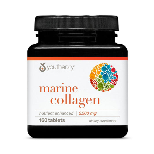 Youtheory Marine Collagen Tabletten – 2.500 mg Fischkollagen-Peptide mit Vitamin A, C, E, B6 & B12 – Unterstützt Gelenk- und Nagelgesundheit* – Hochabsorbierbar – 160 Tabletten (32-Tage-Vorrat)