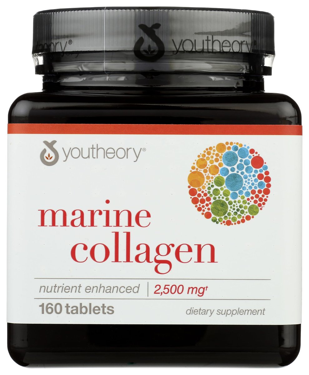 Youtheory Marine Collagen Tabletten – 2.500 mg Fischkollagen-Peptide mit Vitamin A, C, E, B6 & B12 – Unterstützt Gelenk- und Nagelgesundheit* – Hochabsorbierbar – 160 Tabletten (32-Tage-Vorrat)