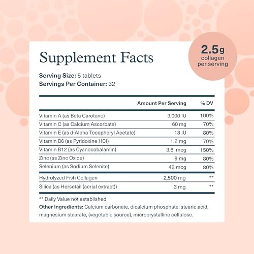 Youtheory Marine Collagen Tabletten – 2.500 mg Fischkollagen-Peptide mit Vitamin A, C, E, B6 & B12 – Unterstützt Gelenk- und Nagelgesundheit* – Hochabsorbierbar – 160 Tabletten (32-Tage-Vorrat)