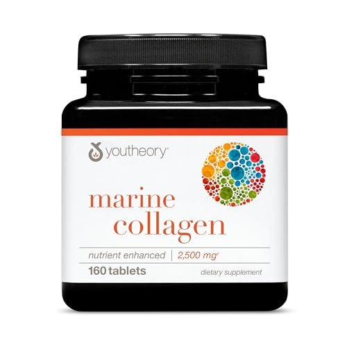 Youtheory Marine Collagen Tabletten – 2.500 mg Fischkollagen-Peptide mit Vitamin A, C, E, B6 & B12 – Unterstützt Gelenk- und Nagelgesundheit* – Hochabsorbierbar – 160 Tabletten (32-Tage-Vorrat)