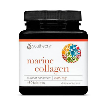 Youtheory Marine Collagen Tabletten – 2.500 mg Fischkollagen-Peptide mit Vitamin A, C, E, B6 & B12 – Unterstützt Gelenk- und Nagelgesundheit* – Hochabsorbierbar – 160 Tabletten (32-Tage-Vorrat)