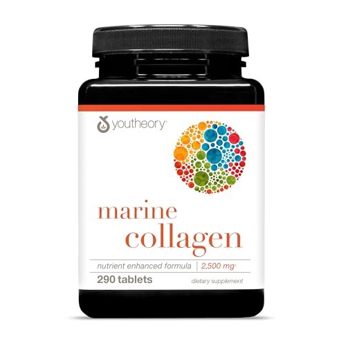 Youtheory Marine Collagen Tabletten – 2.500 mg Fischkollagen-Peptide mit Vitaminen A, C, E, B6 & B12 – Unterstützt Gelenk- und Nagelgesundheit* – Hoch absorbierbar – 290 Tabletten (58-Tage-Vorrat)
