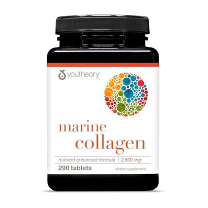 Youtheory Marine Collagen Tabletten – 2.500 mg Fischkollagen-Peptide mit Vitaminen A, C, E, B6 & B12 – Unterstützt Gelenk- und Nagelgesundheit* – Hoch absorbierbar – 290 Tabletten (58-Tage-Vorrat)