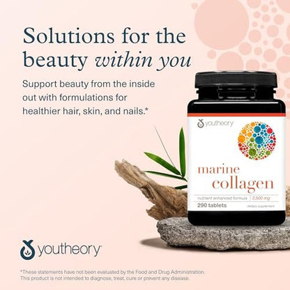 Youtheory Marine Collagen Tabletten – 2.500 mg Fischkollagen-Peptide mit Vitamin A, C, E, B6 & B12 – Unterstützt Gelenk- und Nagelgesundheit* – Hochabsorbierbar – 160 Tabletten (32-Tage-Vorrat)
