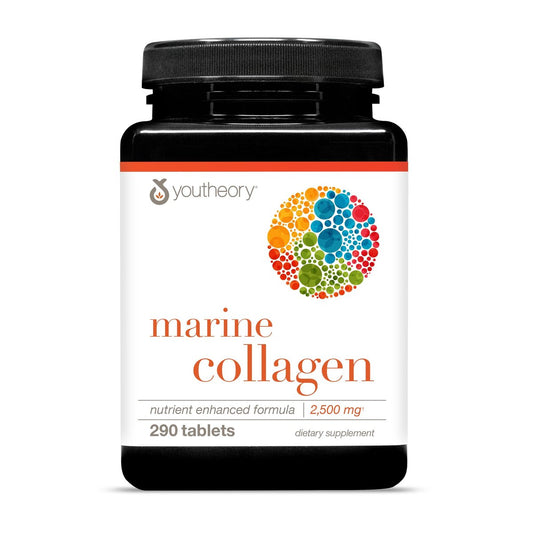 Youtheory Marine Collagen Tabletten – 2.500 mg Fischkollagen-Peptide mit Vitaminen A, C, E, B6 & B12 – Unterstützt Gelenk- und Nagelgesundheit* – Hoch absorbierbar – 290 Tabletten (58-Tage-Vorrat)