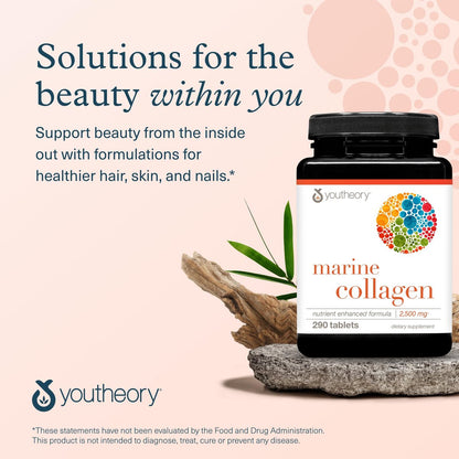 Youtheory Marine Collagen Tabletten – 2.500 mg Fischkollagen-Peptide mit Vitaminen A, C, E, B6 & B12 – Unterstützt Gelenk- und Nagelgesundheit* – Hoch absorbierbar – 290 Tabletten (58-Tage-Vorrat)