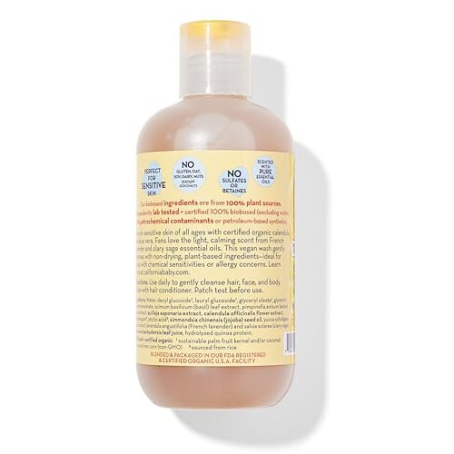California Baby Calendula Babyshampoo + Babywaschgel | 100 % pflanzlich | Beruhigendes Lavendel-Körperwaschmittel für empfindliche Haut | Hypoallergen | 251 ml / 8,5 oz