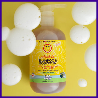 California Baby Calendula Babyshampoo + Babywaschgel | 100 % pflanzlich | Beruhigendes Lavendel-Körperwaschmittel für empfindliche Haut | Hypoallergen | 251 ml / 8,5 oz
