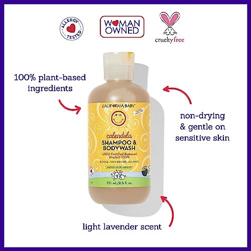 California Baby Calendula Babyshampoo + Babywaschgel | 100 % pflanzlich | Beruhigendes Lavendel-Körperwaschmittel für empfindliche Haut | Hypoallergen | 251 ml / 8,5 oz