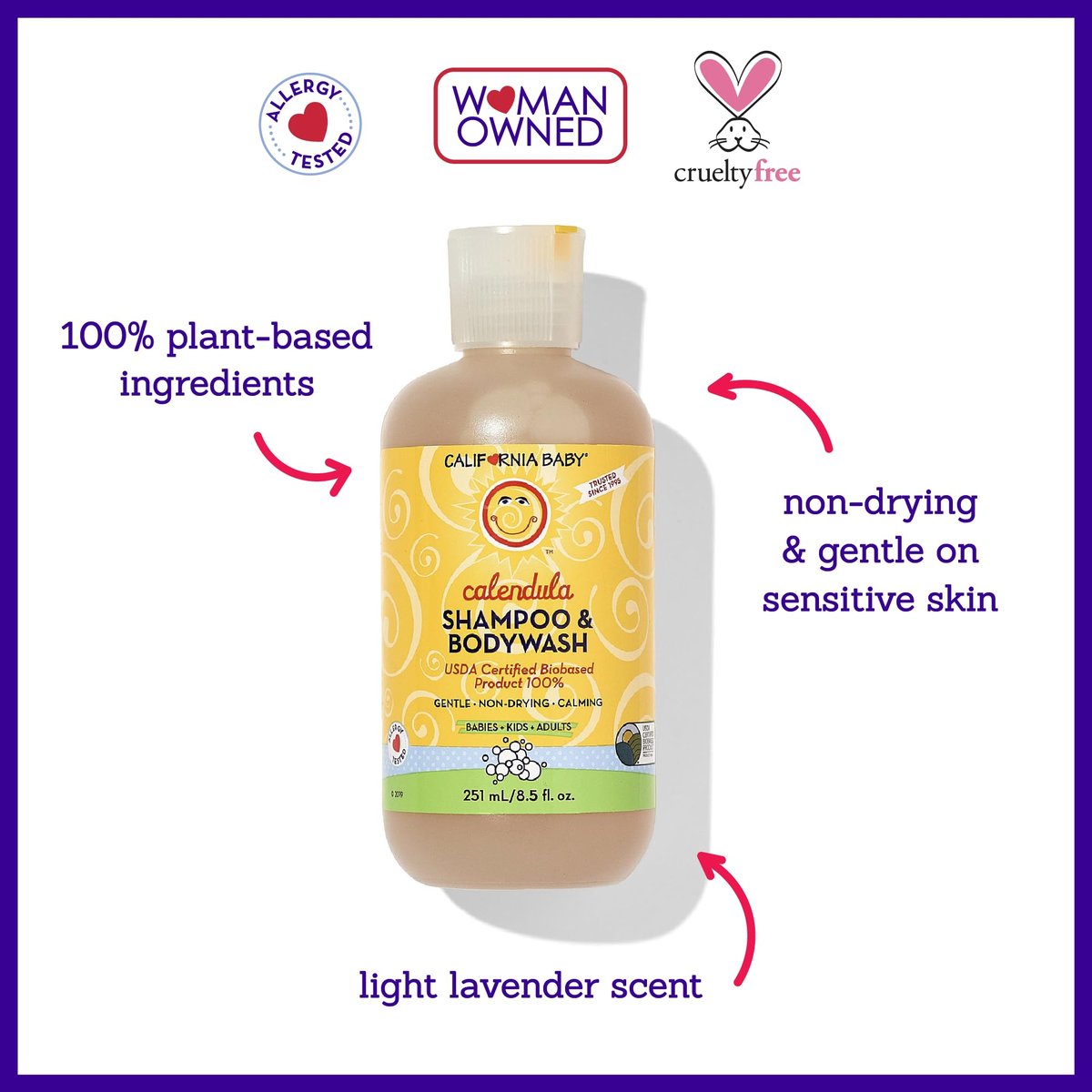 California Baby Calendula Babyshampoo + Babywaschgel | 100 % pflanzlich | Beruhigendes Lavendel-Körperwaschmittel für empfindliche Haut | Hypoallergen | 251 ml / 8,5 oz