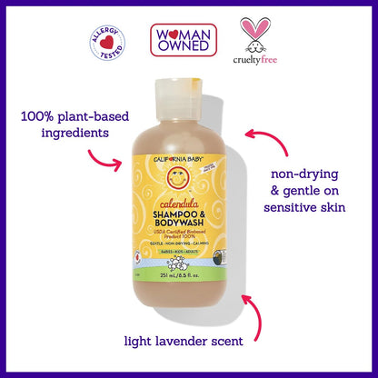 California Baby Calendula Babyshampoo + Babywaschgel | 100 % pflanzlich | Beruhigendes Lavendel-Körperwaschmittel für empfindliche Haut | Hypoallergen | 251 ml / 8,5 oz